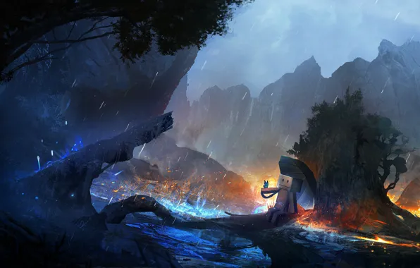 Picture trees, mountains, river, fantasy, rain, butterfly, robot, umbrella