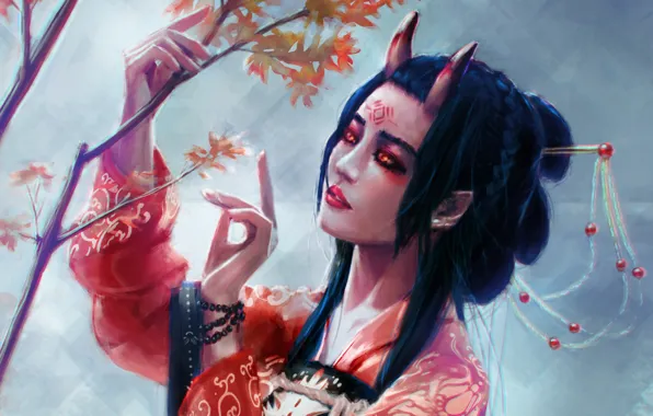 Picture look, tree, Japan, fantasy, art, horns, kimono, demoness