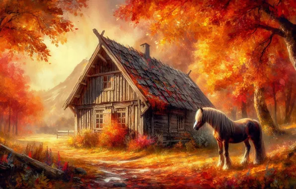 Autumn, trees, house, horse, horse, village, house, bright colors