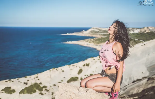 Sea, the sun, sexy, pose, background, coast, model, shorts