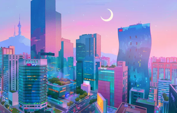 City, the city, a month, skyscrapers, neon, moon, Neon, digital art