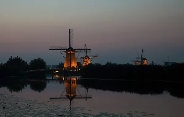 The evening, mill, Netherlands, twilight, wind, Kinderdijk