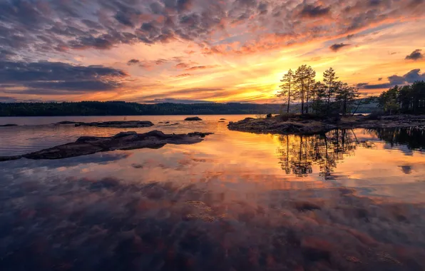 Sunset, lake, Norway, Ringerike
