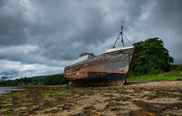 Trees, stones, shore, view, ship, Scotland, old, pond