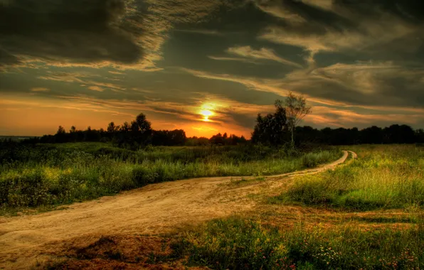Road, field, the sky, sunset, sky, landscape, nature, sunset