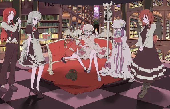 Books, library, on the couch, the maid, living room, red hair, Hong Meiling, Touhou Project