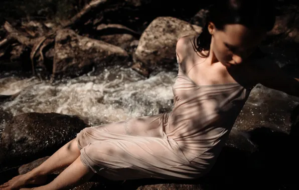 Forest, woman, waterfall