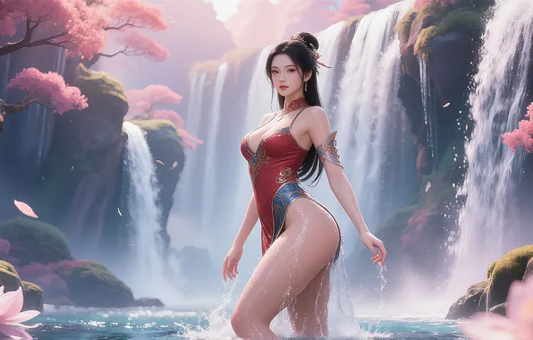 Picture girl, sexy, waterfall, asian, ai art