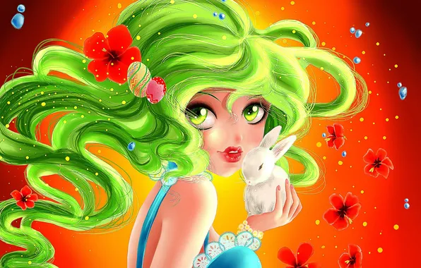 Flower, look, girl, anime, rabbit, green hair, face. eyes