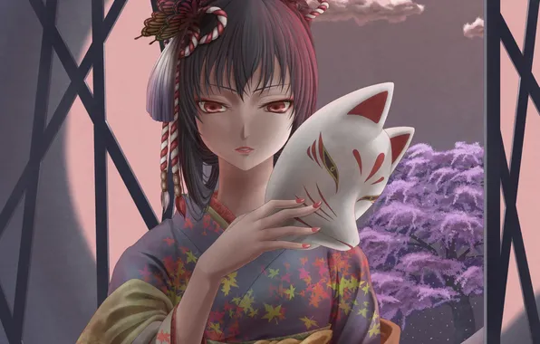 Girl, tree, butterfly, hand, mask, window, art, kimono