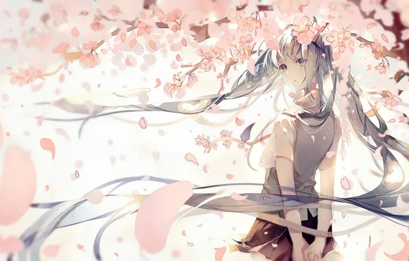 Girl, anime, petals, Sakura, art, vocaloid, hatsune miku, pudding