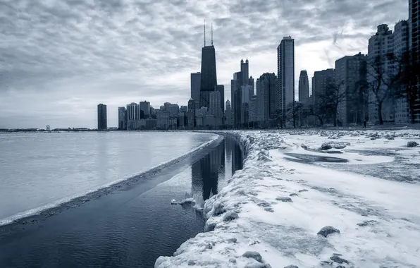 Winter, snow, the city, river, skyscrapers, Chicago, Illinois