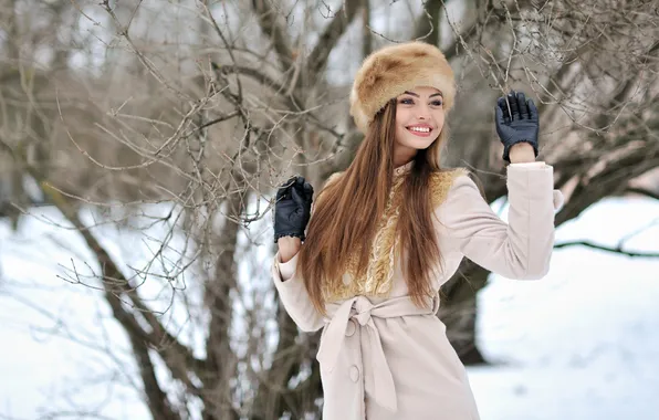Picture winter, look, girl, snow, trees, pose, smile, mood