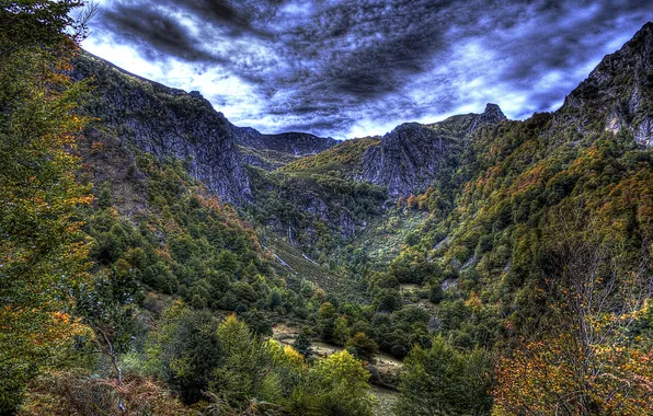 Clouds, trees, mountains, rocks, treatment, gorge, Spain, the bushes