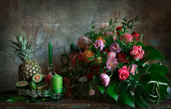 Candles, Bouquet, pineapple, avocado