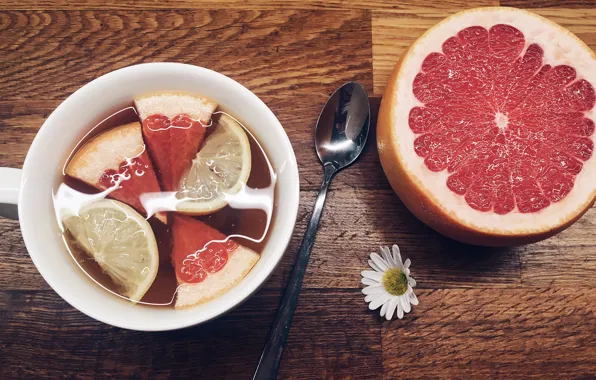 Table, tea, grapefruit, slices