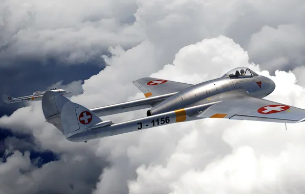 Figure, art, Vampire, roen911, De Havilland, British jet fighter, BBC Switzerland, DH.100