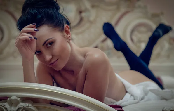 Look, girl, pose, bed, portrait, stockings, brunette, hairstyle