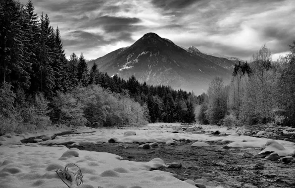 Picture winter, forest, the sky, clouds, snow, mountains, nature, river