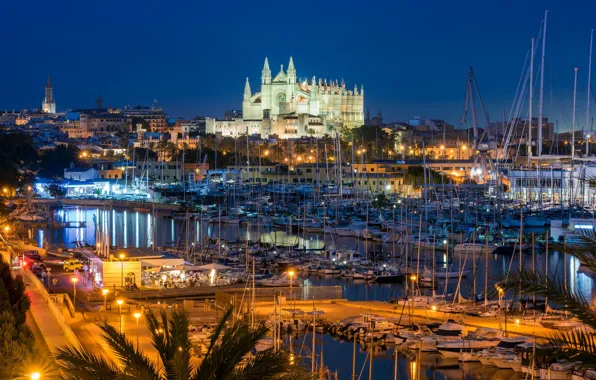 Night, yachts, Palma, Spain, Mallorca