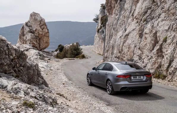 Road, mountains, rocks, Jaguar, back, 2020, gray-silver, Jaguar XE