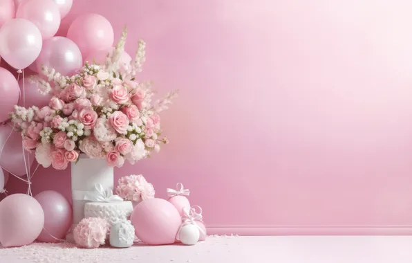 Flowers, holiday, gift, balls, roses, bouquet, vase, pink