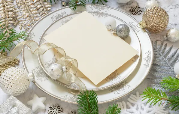 Balls, decoration, snowflakes, table, holiday, silver, Christmas, plates