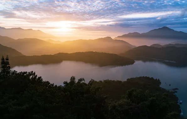 Forest, sunset, nature, river, hills, height