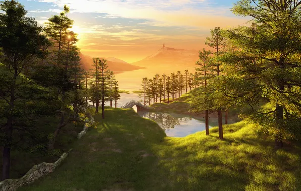 Forest, sunset, bridge, hills, tower, render