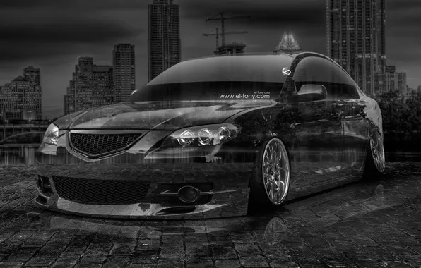 Night, The city, Machine, Tuning, Mazda, Black And White, Three, Wallpaper