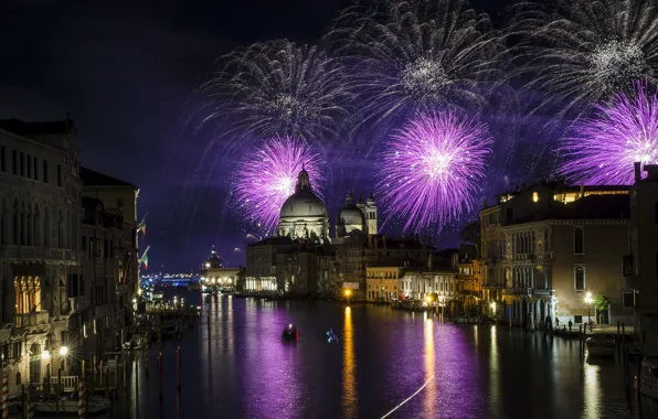 Night, lights, holiday, new year, Italy, Venice, fireworks