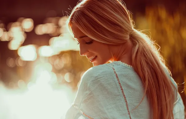 Look, girl, face, smile, mood, back, bokeh, Andreas Way