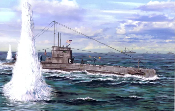 Picture figure, explosions, art, submarine, American, shots, the convoy, sailors