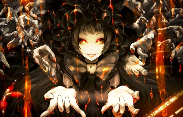 Picture girl, smile, fire, magic, hat, anime, hands, art