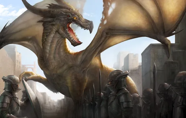 Picture the city, dragon, army, art
