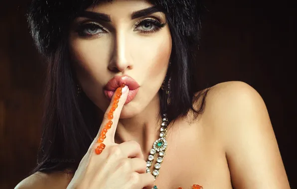 Girl, portrait, finger, lips, caviar, Nikolas Verano, Marianne Markina