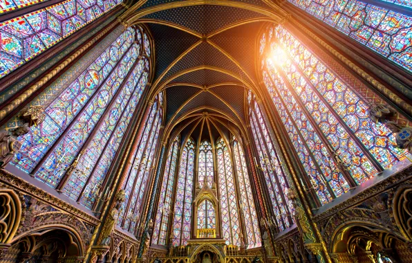 Gothic, candles, Cathedral, stained glass, paris, france, chandeliers, Sainte Chapelle