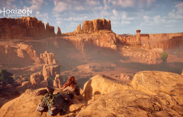 The sky, Nature, Clouds, Girl, Mountains, Playstation, PS4 Pro, Horizon Zero Dawn