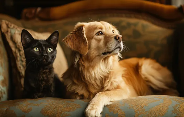 Cat, cat, look, pose, sofa, together, black, dog