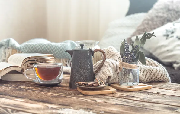 Picture tea, book, plaid