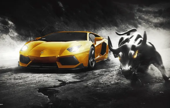 Lamborghini, Wall, Design, Yellow, LP700-4, Aventador, Supercar, Bull