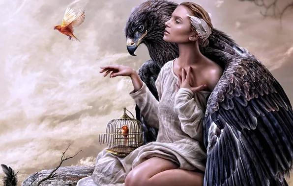Girl, birds, cell, art, eagle, eva lagnim