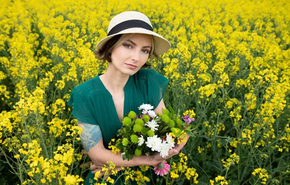 Picture field, look, bouquet, hat, dress, rape, Alena