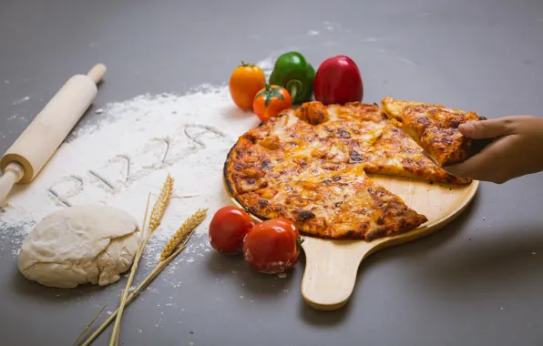 Hand, cheese, vegetables, pizza, cakes, pizza, flour, the dough