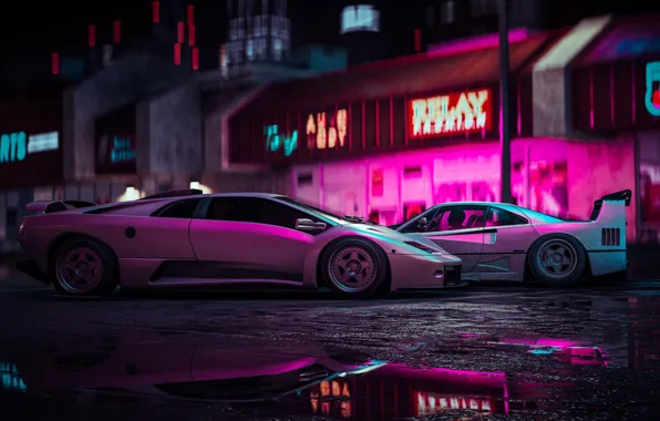 Music, Lamborghini, The game, Neon, Style, Background, Ferrari, Art