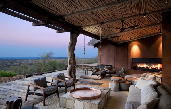 Picture furniture, fireplace, terrace, South Africa, lodge Leobo