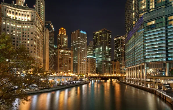 Night, the city, lights, reflection, river, skyscrapers, Chicago, Illinois