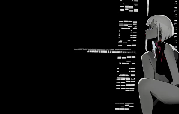 Girl, skyscrapers, anime, window, legs, black background, Lucy, Cyberpunk