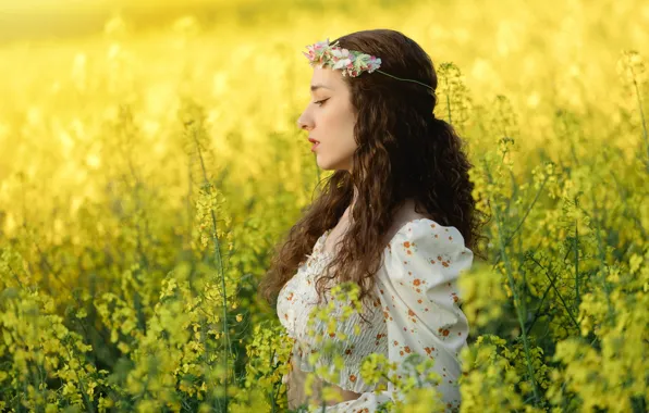 Field, girl, flowers, portrait, spring, yellow, profile, brown hair