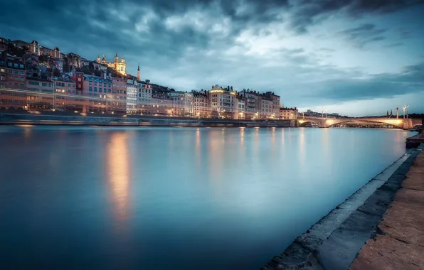 Lights, river, France, the evening, Lyon